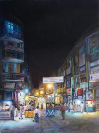 Hanif Shahzad, Burns road at night, 21 x 28 Inch, Oil on Canvas, AC-HNS-001